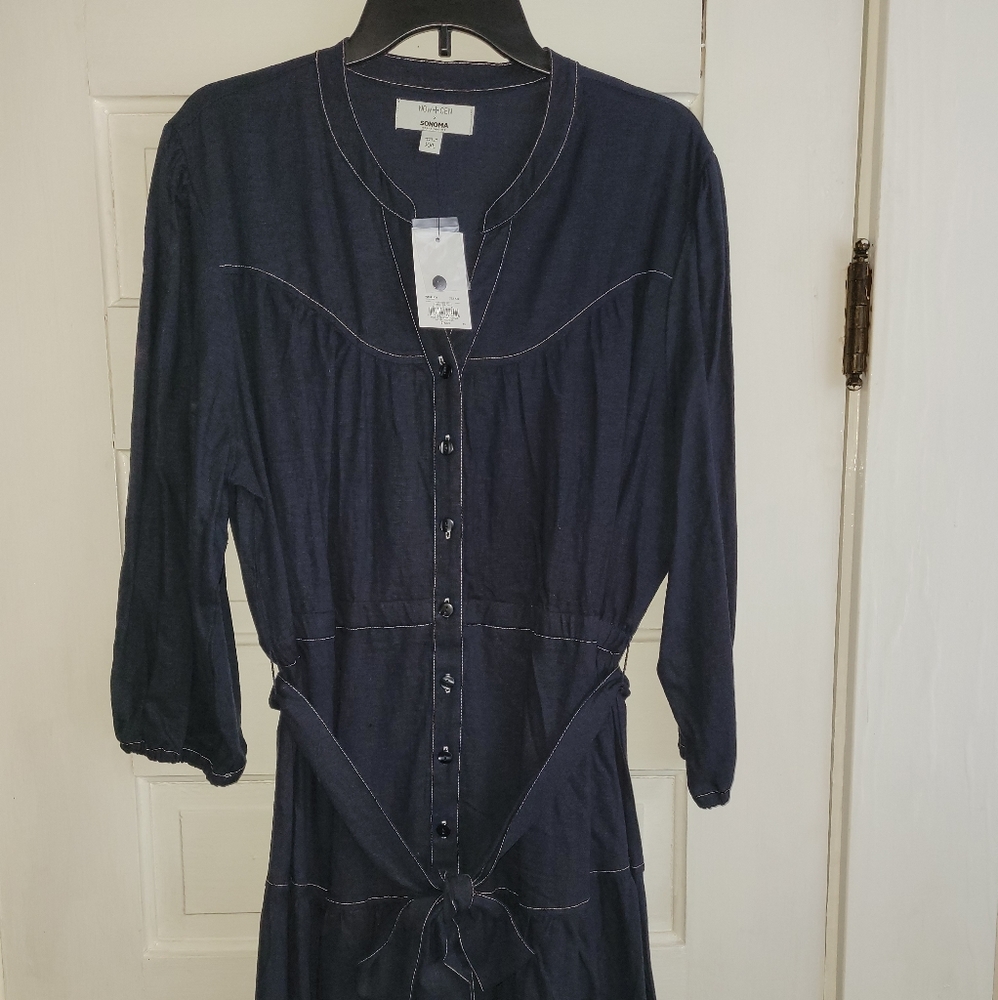Linen/Denim Mix Knee Dress with Belt to Bow